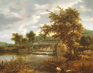 Bewaldete Flusslandschaft mit Schleusentor